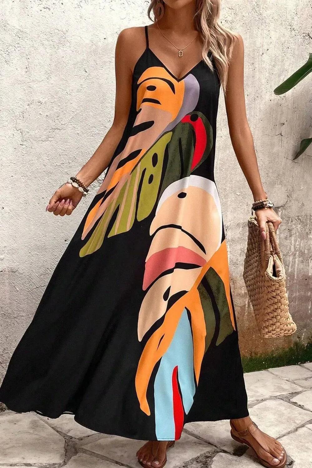Tropical Maxi Dress for Women Black / S