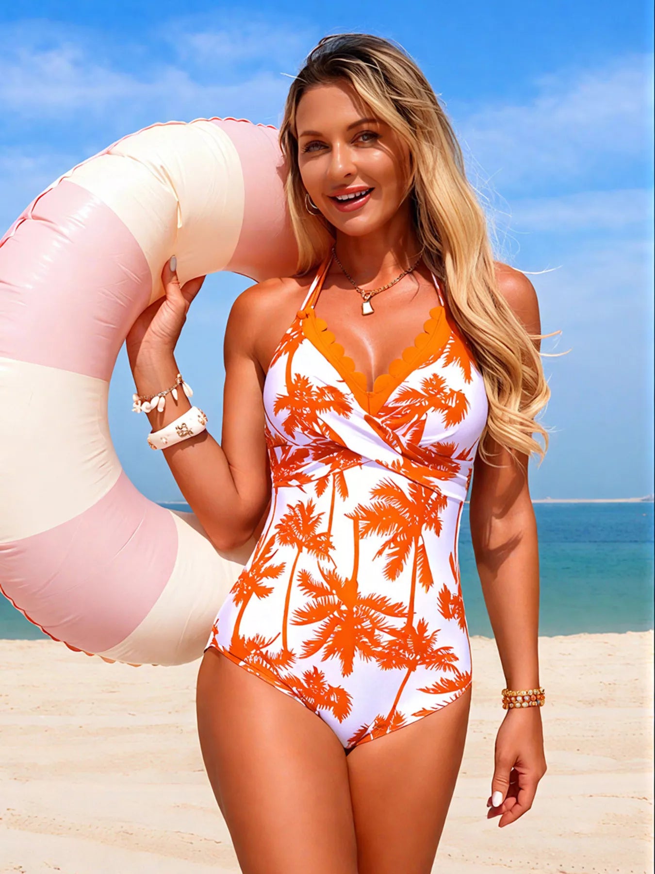 Tropical Palm Print Halter Neck One-Piece Swimsuit Orange / S