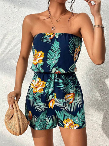 Tropical Print Strapless Elastic Waist Romper Dark Green / S