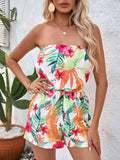 Tropical Print Strapless Elastic Waist Romper Multicolor / S