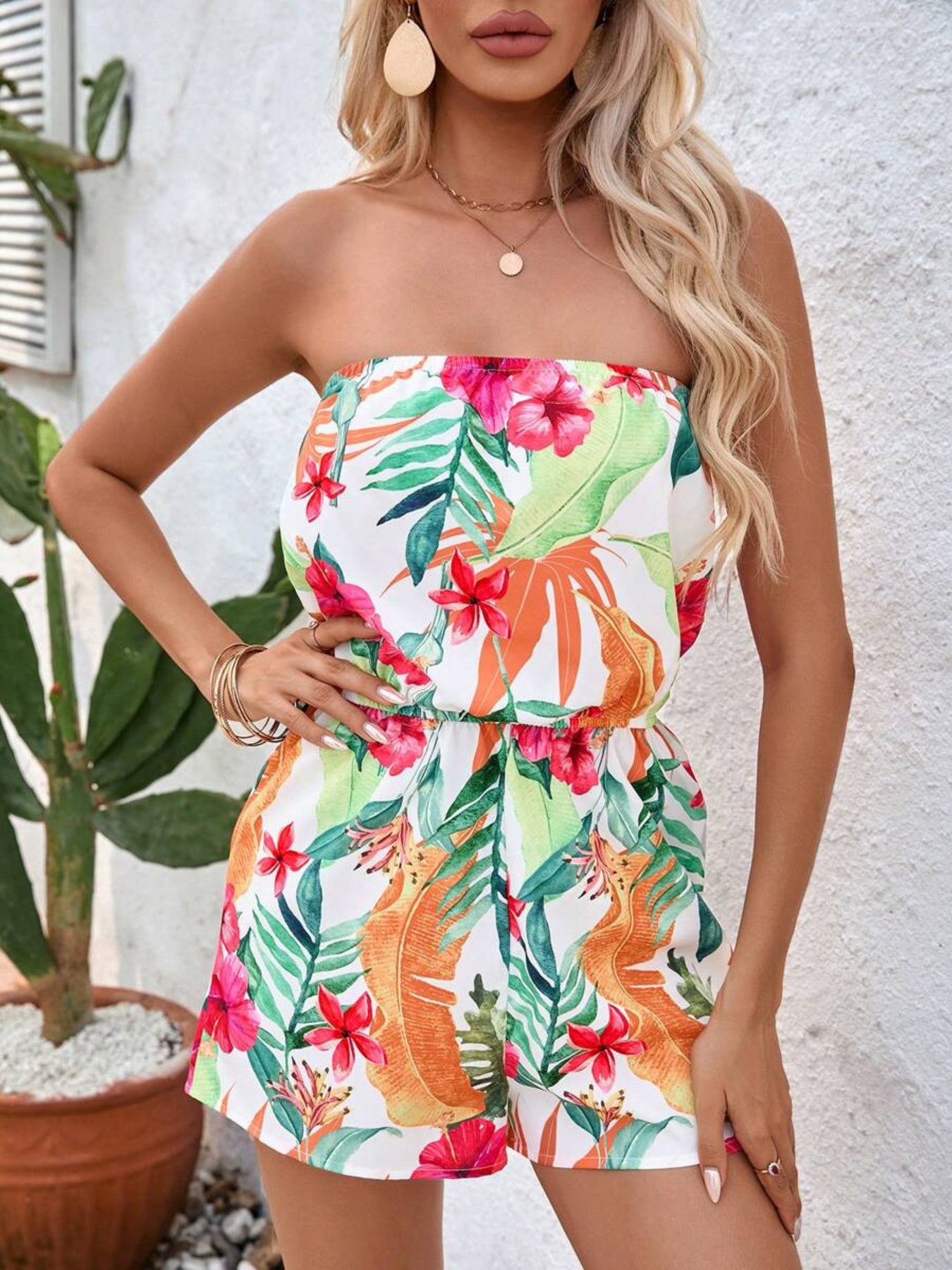 Tropical Print Strapless Elastic Waist Romper Multicolor / S