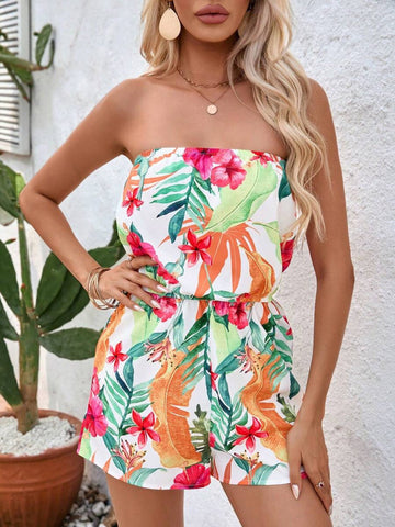 Tropical Print Strapless Elastic Waist Romper Multicolor / S