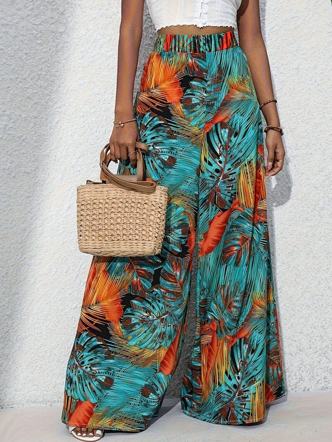Tropical Print Wide Leg Pants Teal / S