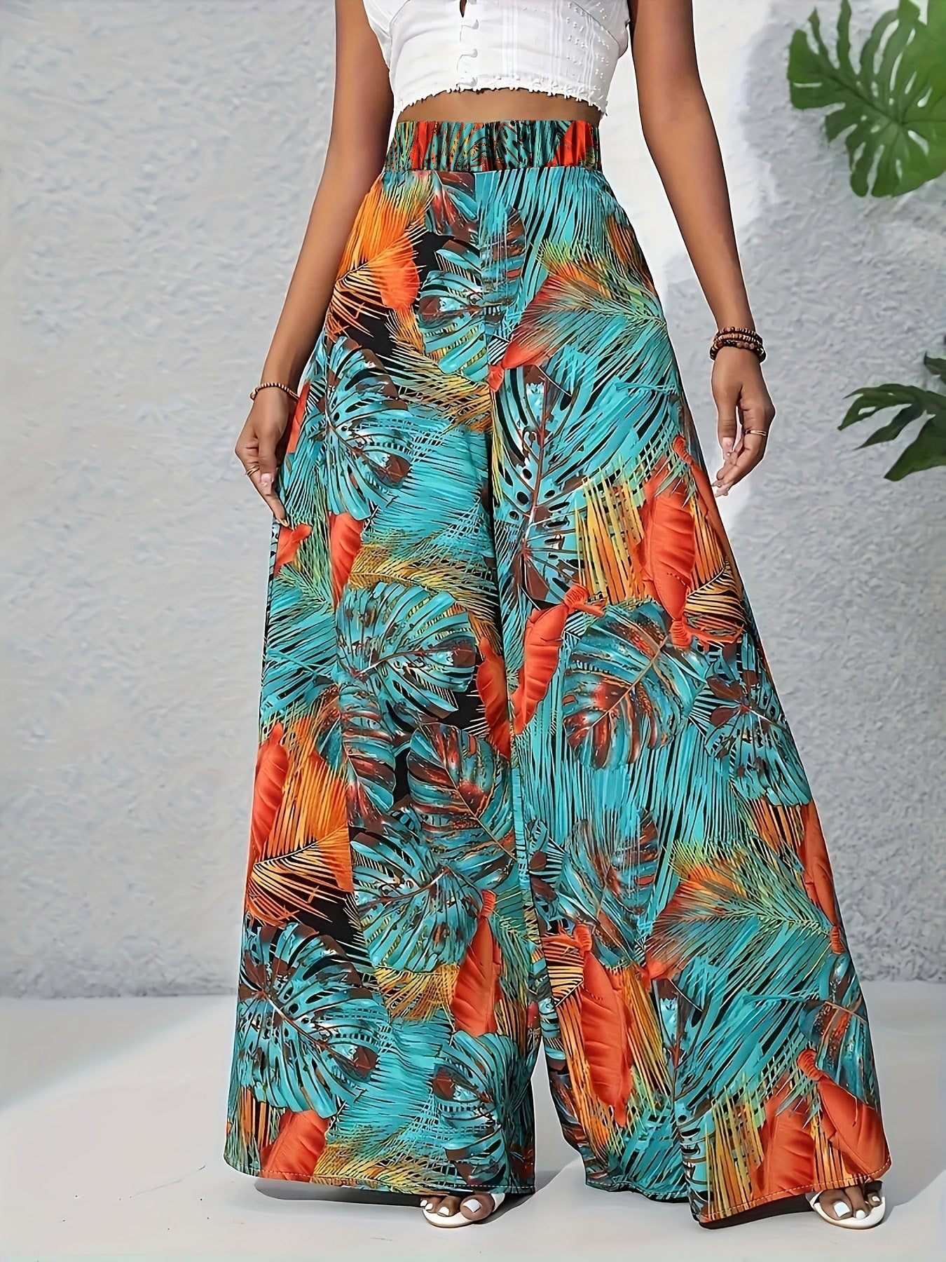 Tropical Print Wide Leg Pants Teal / S
