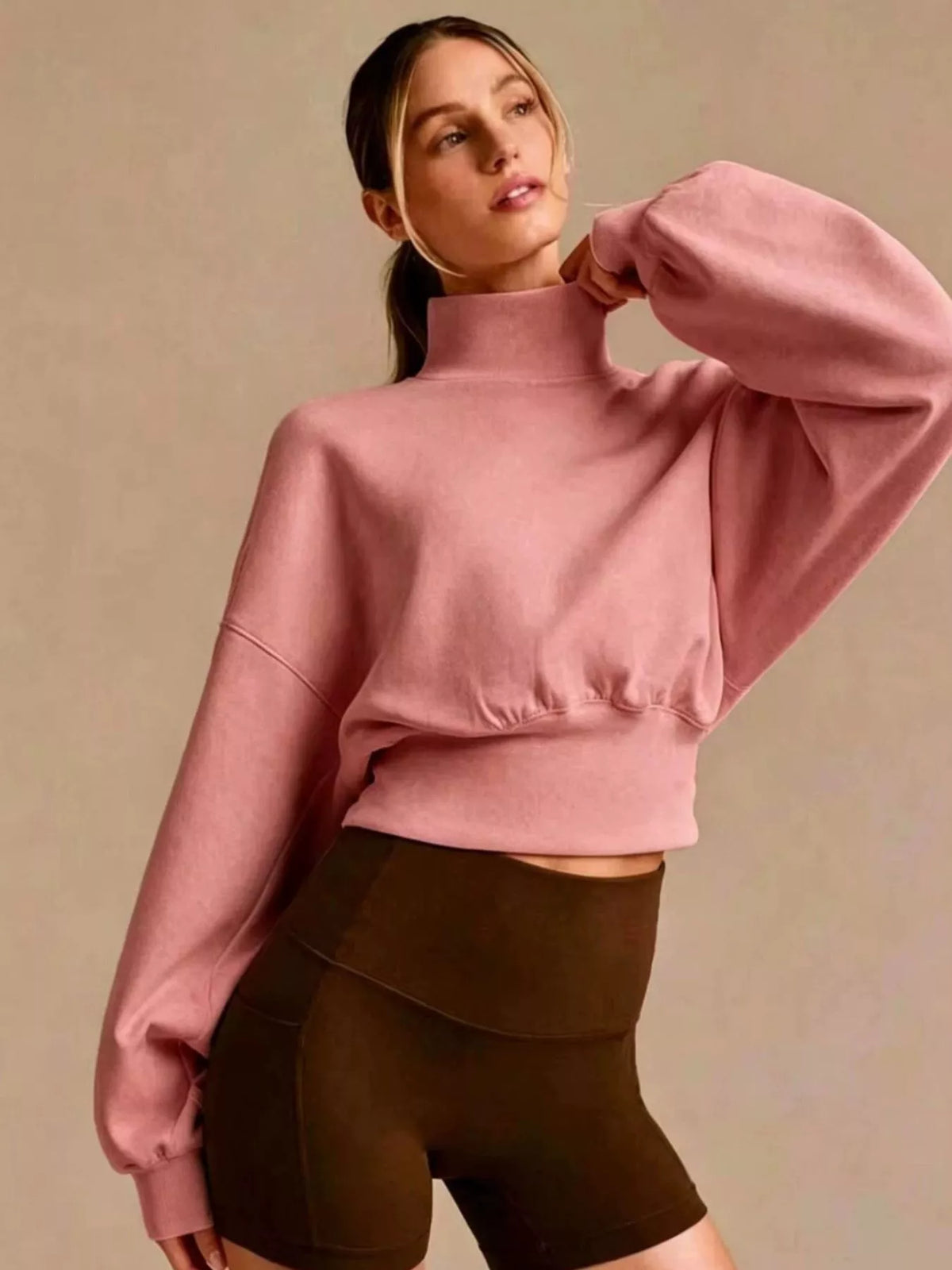 Turtleneck Drop-Shoulder Sweatshirt Pink / S
