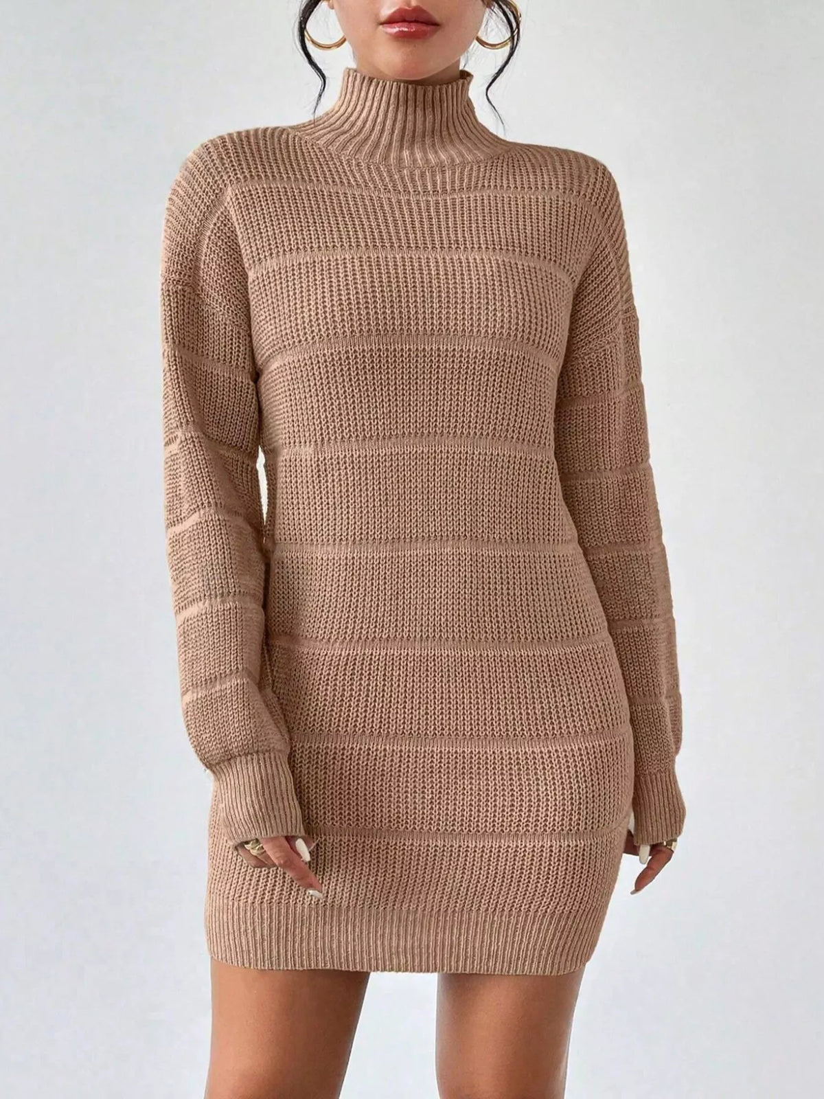 Turtleneck Long Sleeve Sweater Dress Khaki / S
