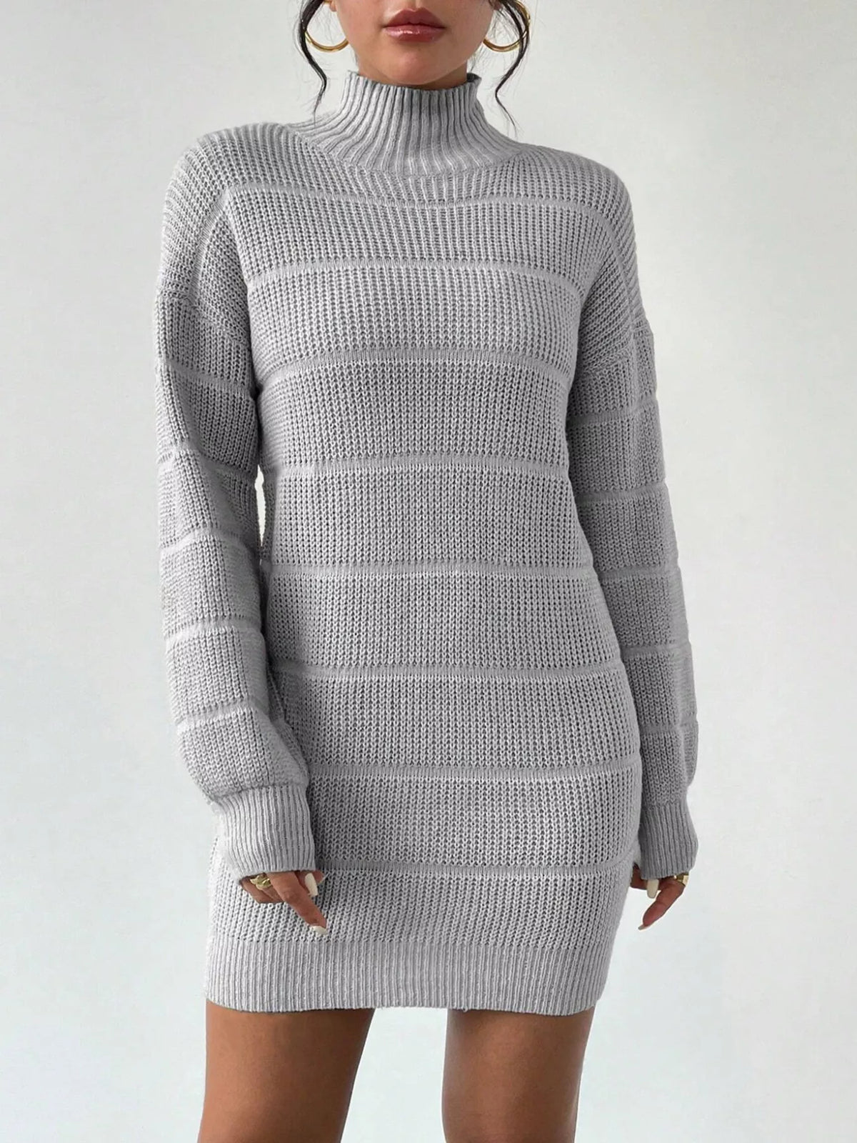 Turtleneck Long Sleeve Sweater Dress Light Gray / S