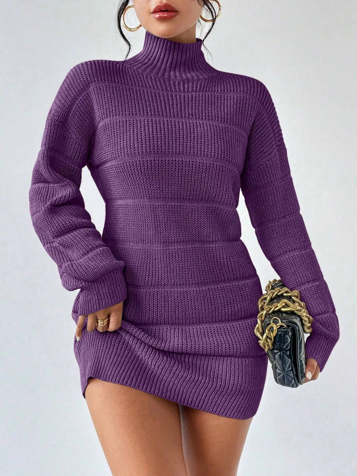 Turtleneck Long Sleeve Sweater Dress Purple / S