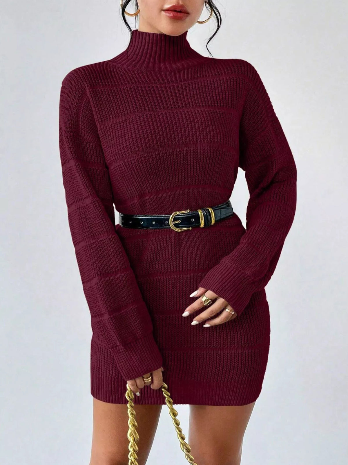 Turtleneck Long Sleeve Sweater Dress Wine Red / S