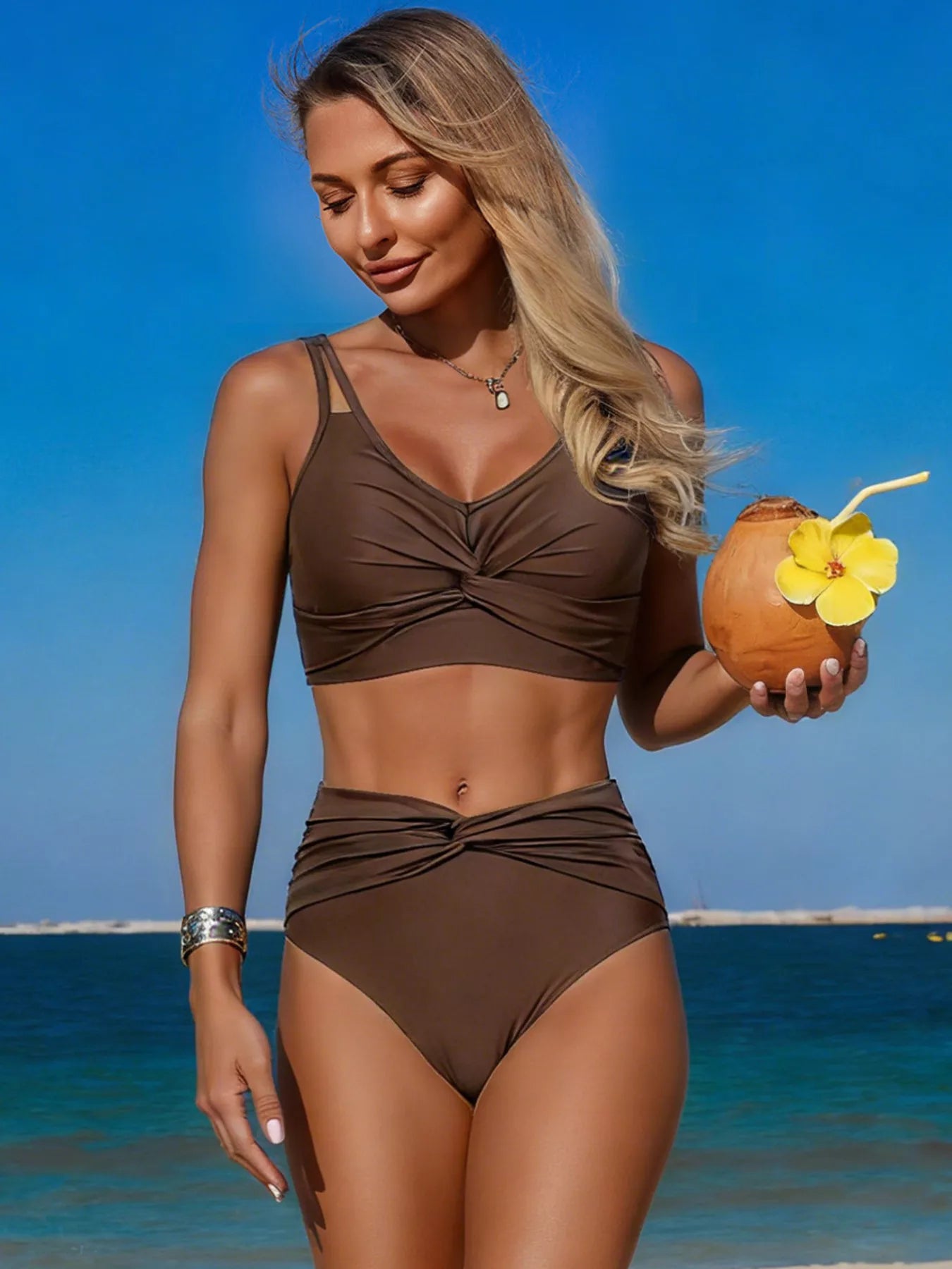 Twist Front High Waisted Swim Set Brown / S