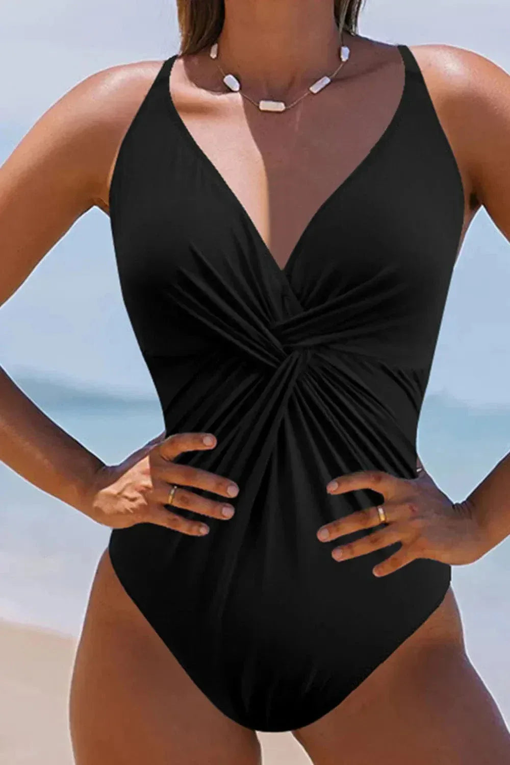 Twisted Crisscross V Neck One Piece Swimsuit Black / S