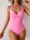 Twisted Front Halter Neck Ruched One-Piece Swimsuit