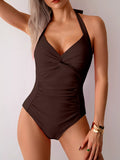 Twisted Front Halter Neck Ruched One-Piece Swimsuit Deep Coffee. / S