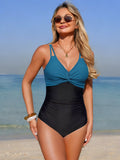 Twisted Front V-Neck One-Piece Swimsuit Black + Peacock Blue / S