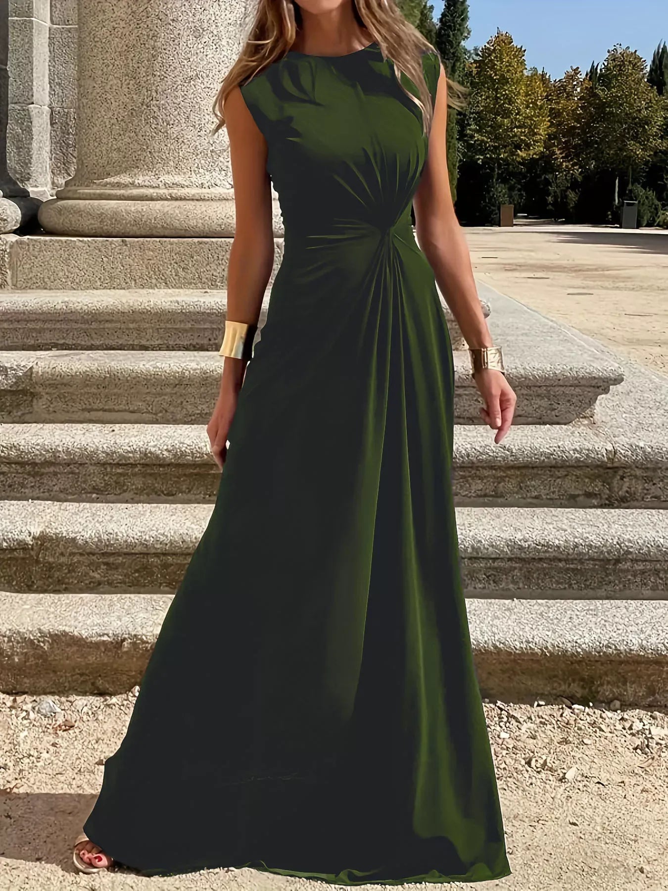 Twisted Round Neck Sleeveless Maxi Dress Army Green / S