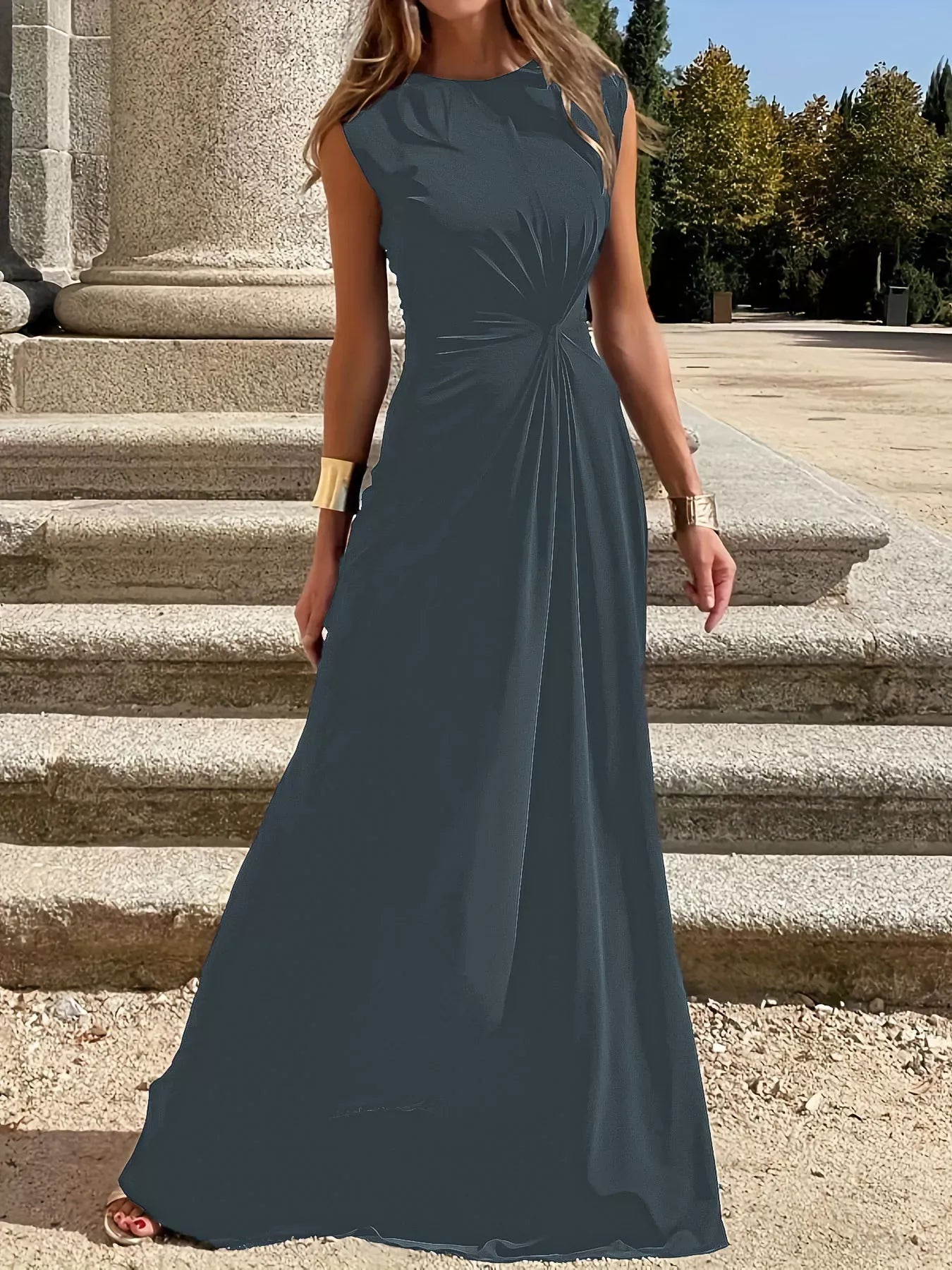 Twisted Round Neck Sleeveless Maxi Dress Blue Gray / S