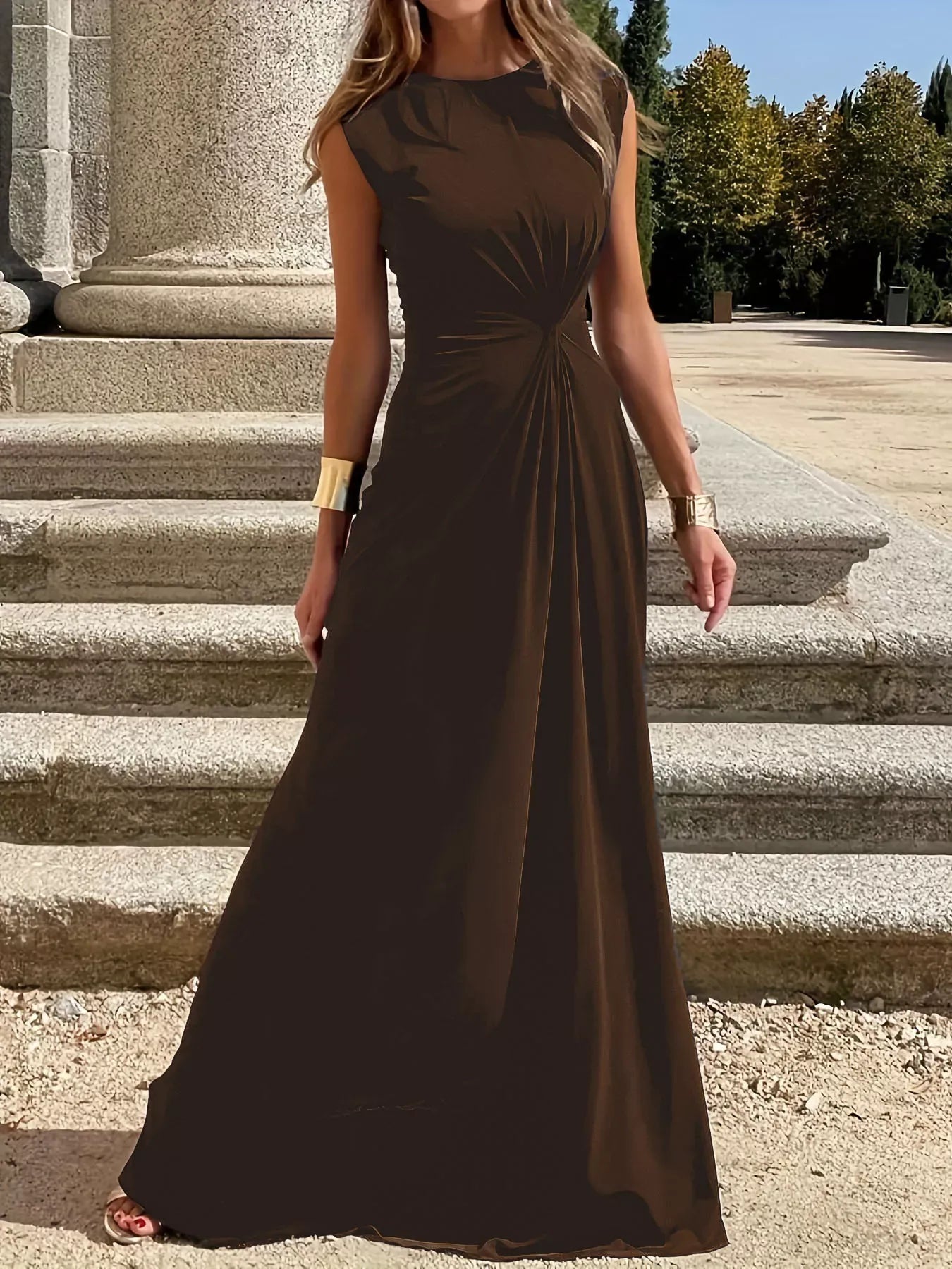 Twisted Round Neck Sleeveless Maxi Dress Brown / S
