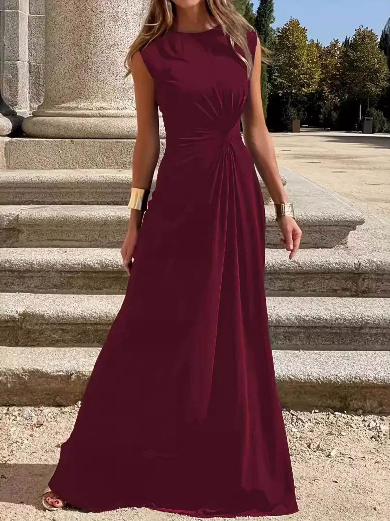 Twisted Round Neck Sleeveless Maxi Dress Wine Red / S