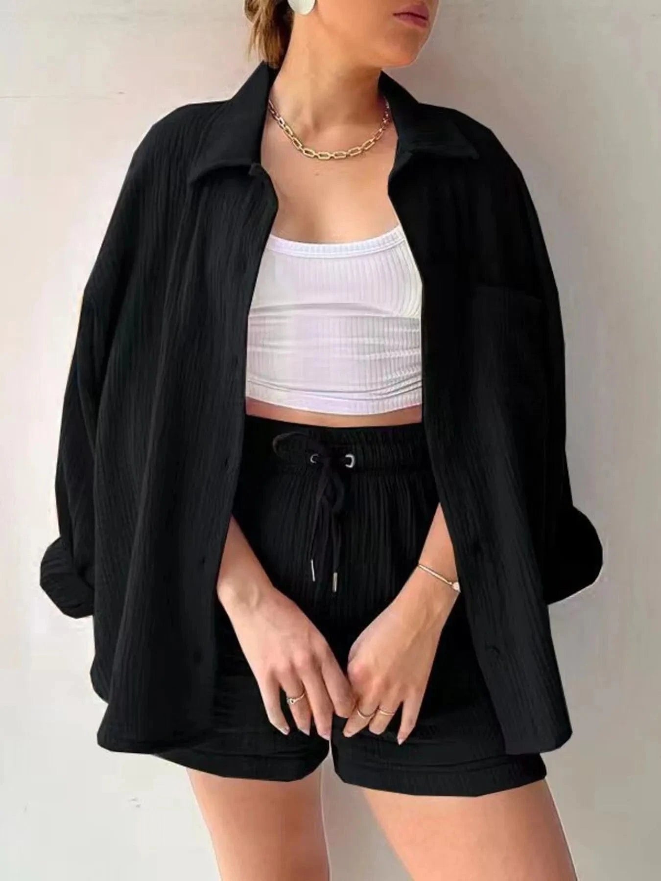 Black Button Up Shirt and Shorts Set Two-Piece sets