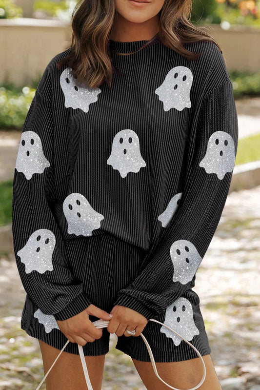 Black Glitter Ghost Round Neck Long Sleeve Top and Shorts Set Two-Piece sets