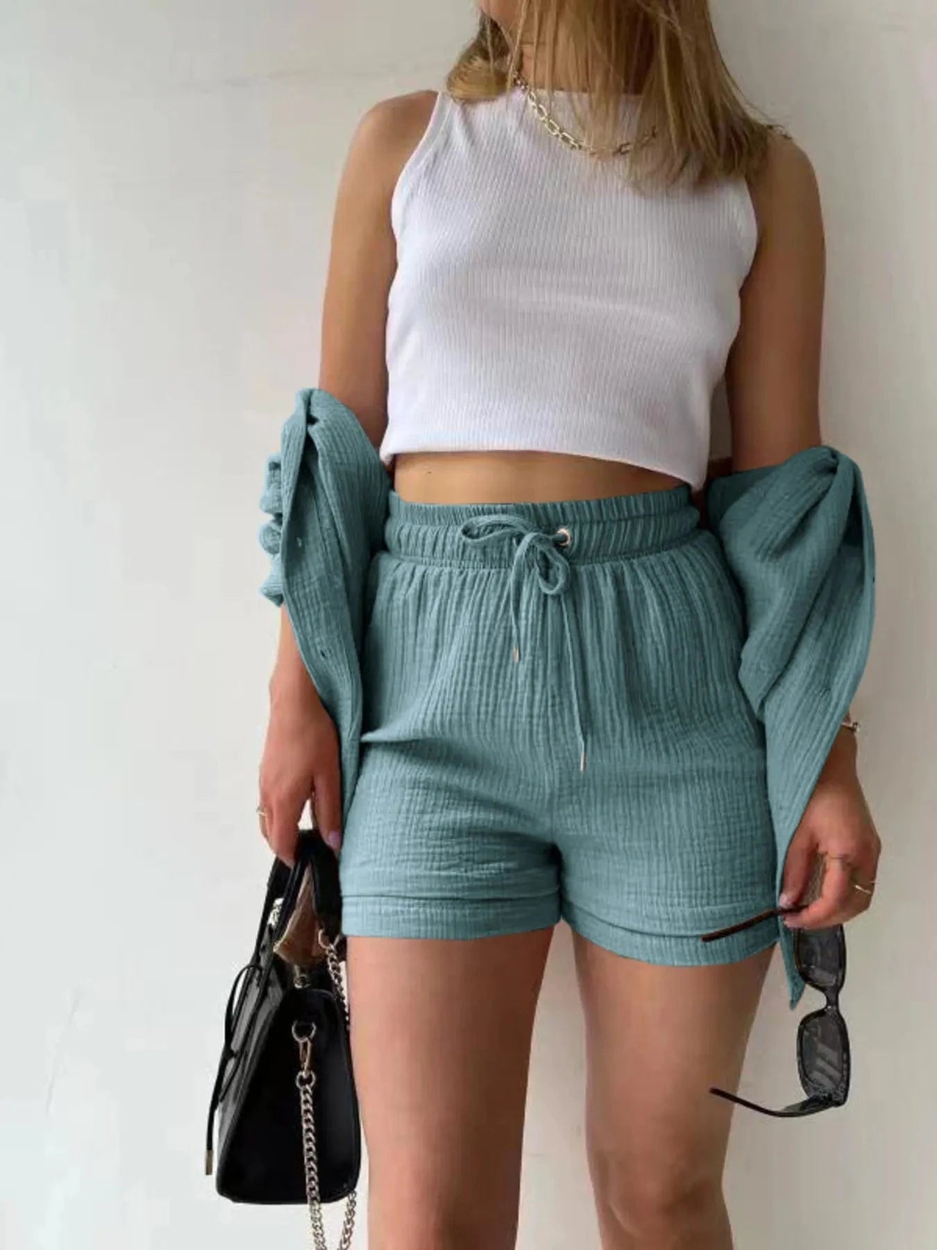 Button Up Shirt and Shorts Set Two-Piece sets
