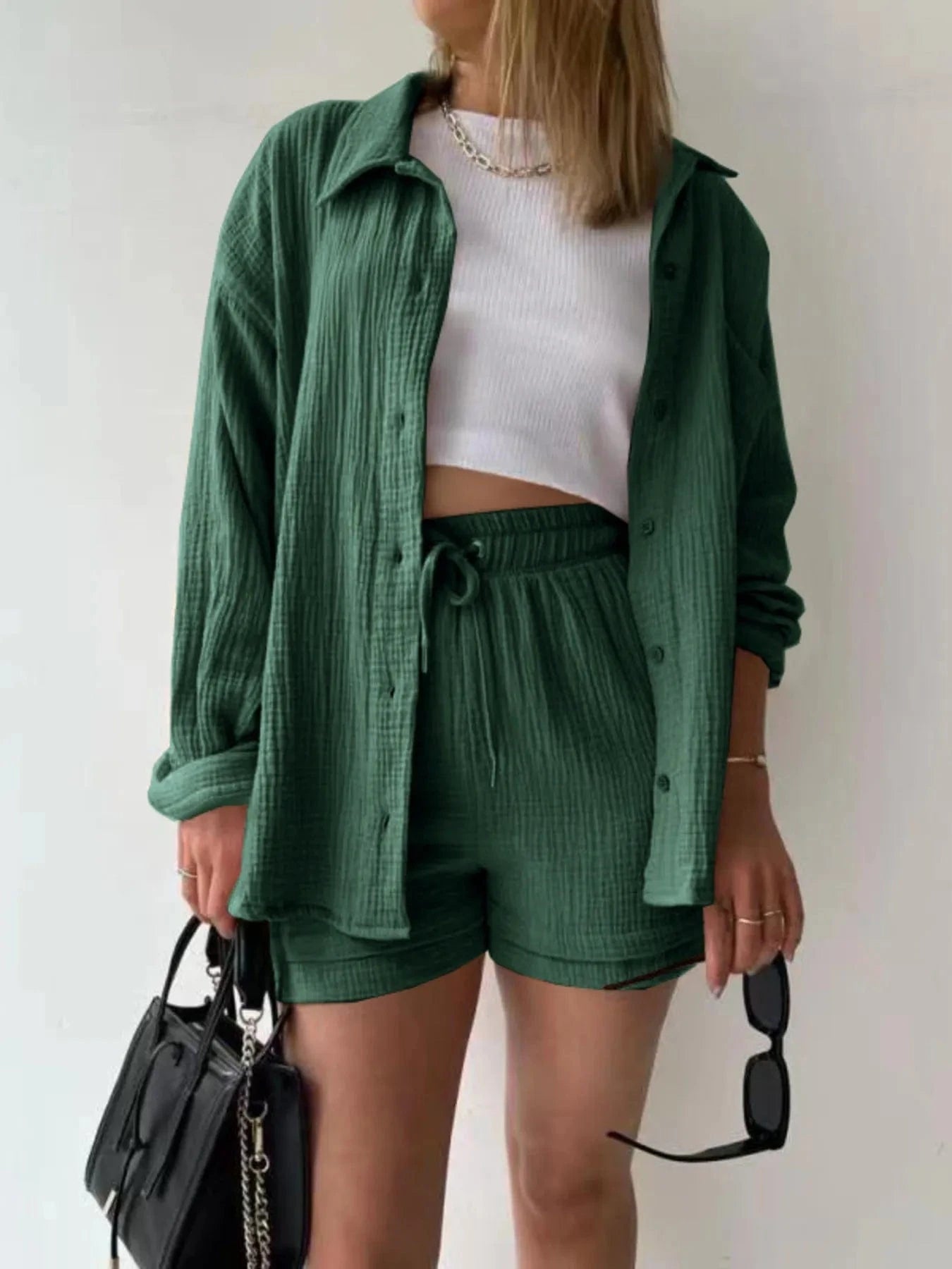 Dark Green Button Up Shirt and Shorts Set Two-Piece sets