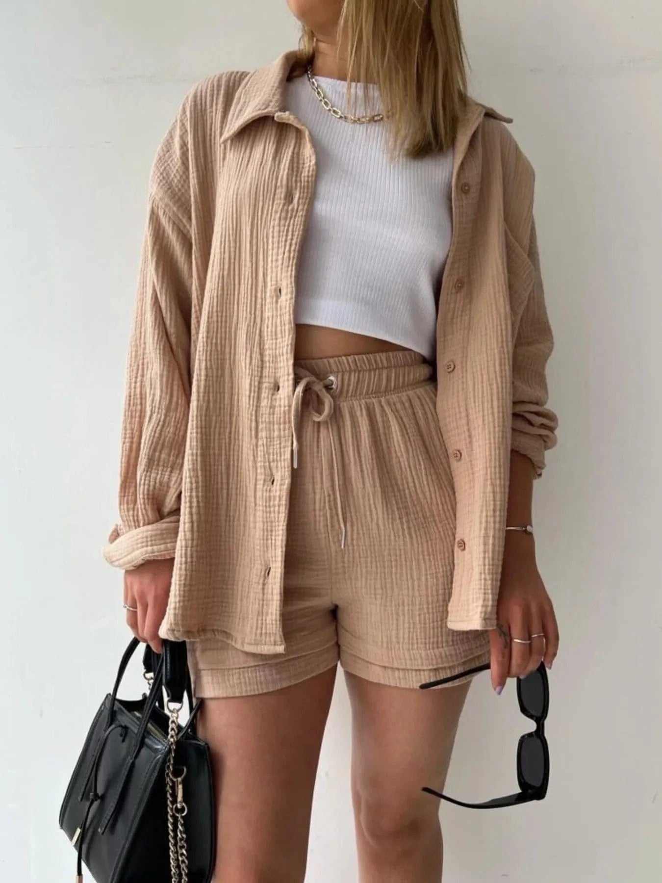 Khaki Button Up Shirt and Shorts Set Two-Piece sets