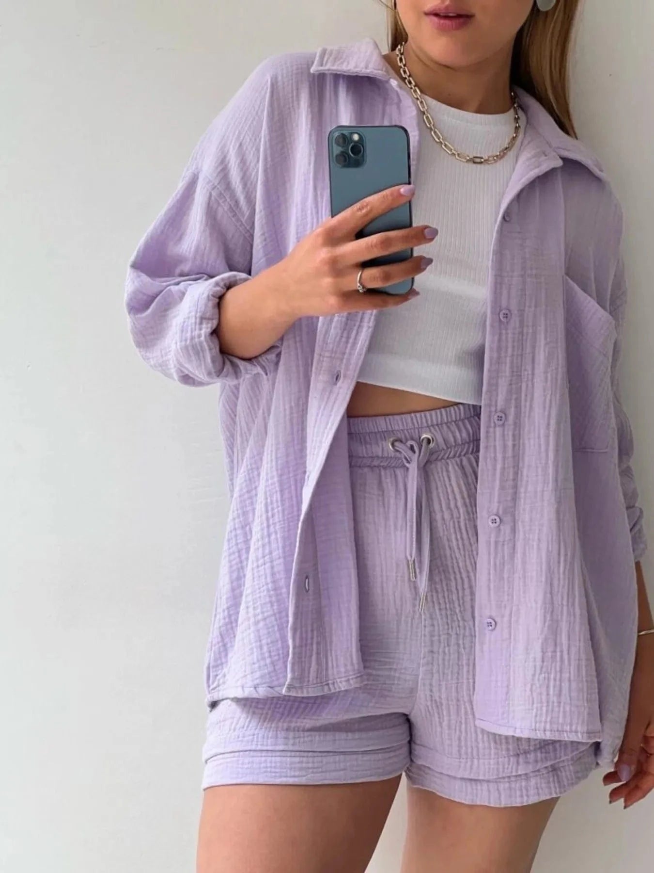 Light Purple Button Up Shirt and Shorts Set Two-Piece sets