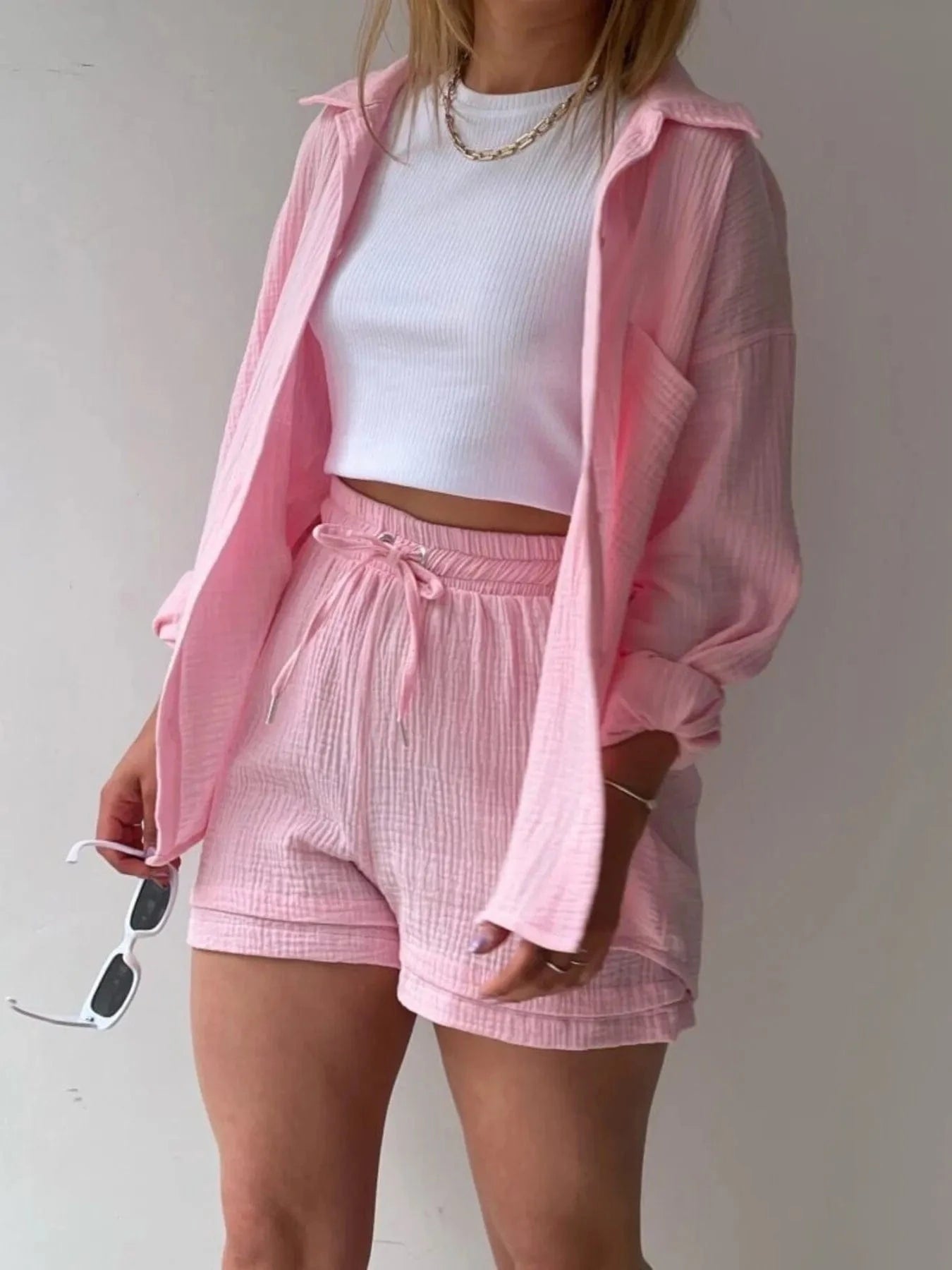 Pink Button Up Shirt and Shorts Set Two-Piece sets