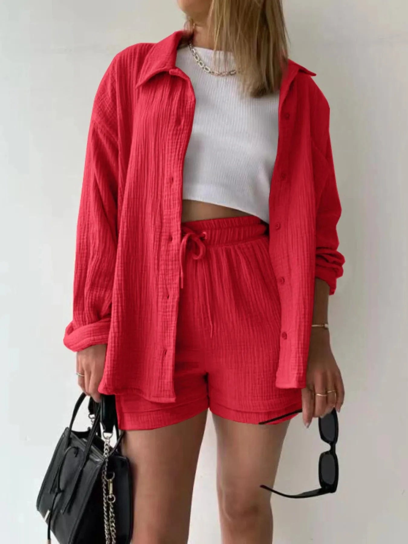 Red Button Up Shirt and Shorts Set Two-Piece sets