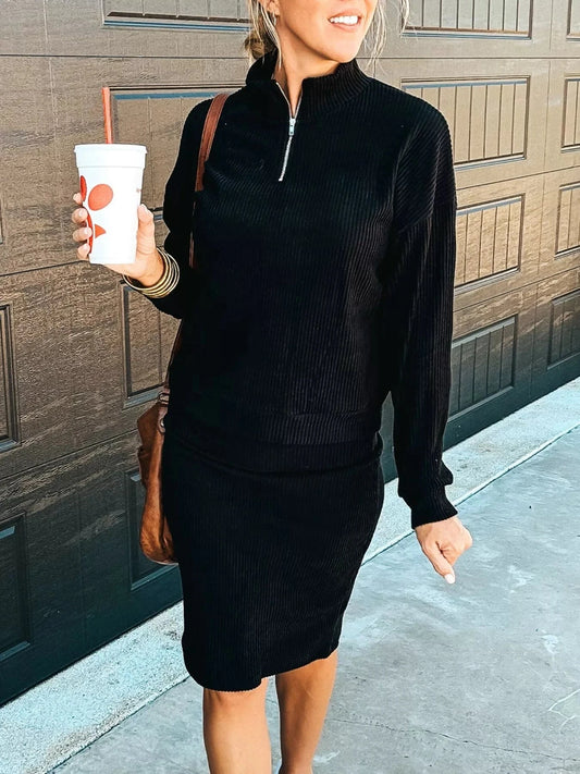 Ribbed Knit Quarter-Zip Top and Skirt Set Two-Piece sets