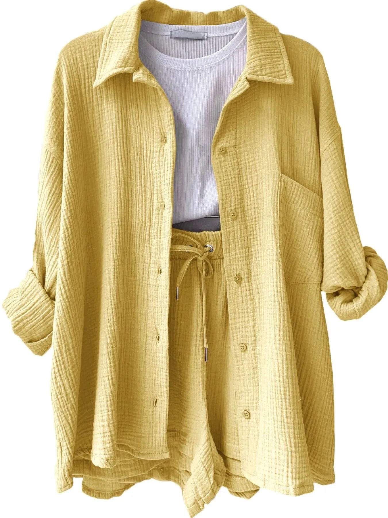 Yellow Button Up Shirt and Shorts Set Two-Piece sets