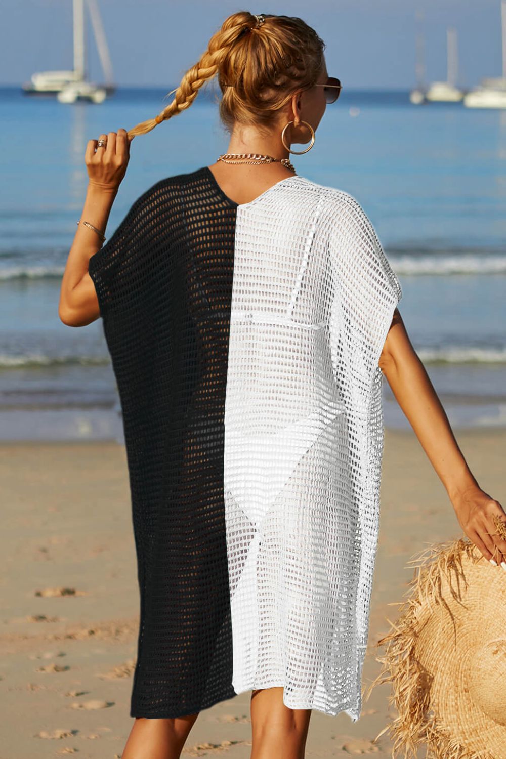 Two-Tone Side Slit Open Front Swim Cover-Up Black / One Size