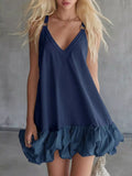 V-Neck Bubble Hem Mini Dress Plus Size Navy / XS