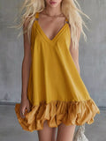 V-Neck Bubble Hem Mini Dress Plus Size Yellow / XS