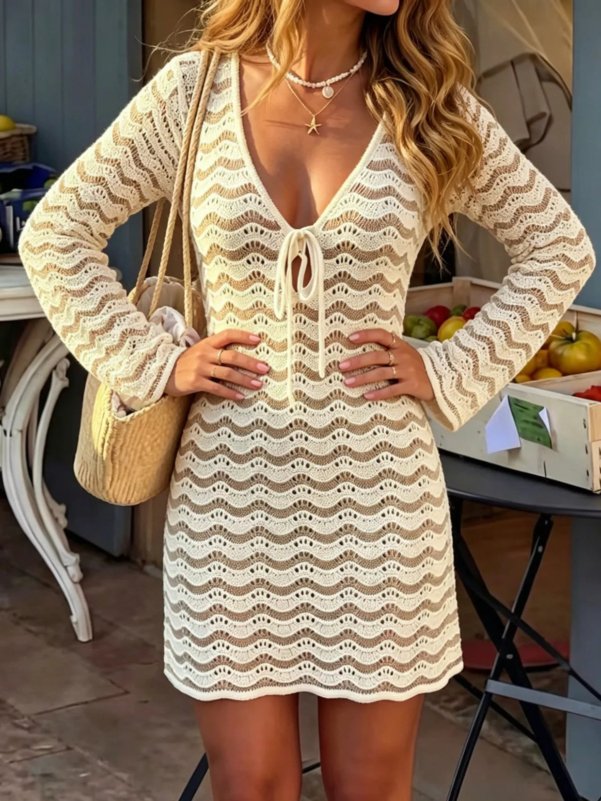 V Neck Crochet Knit Long Sleeve Mini Dress