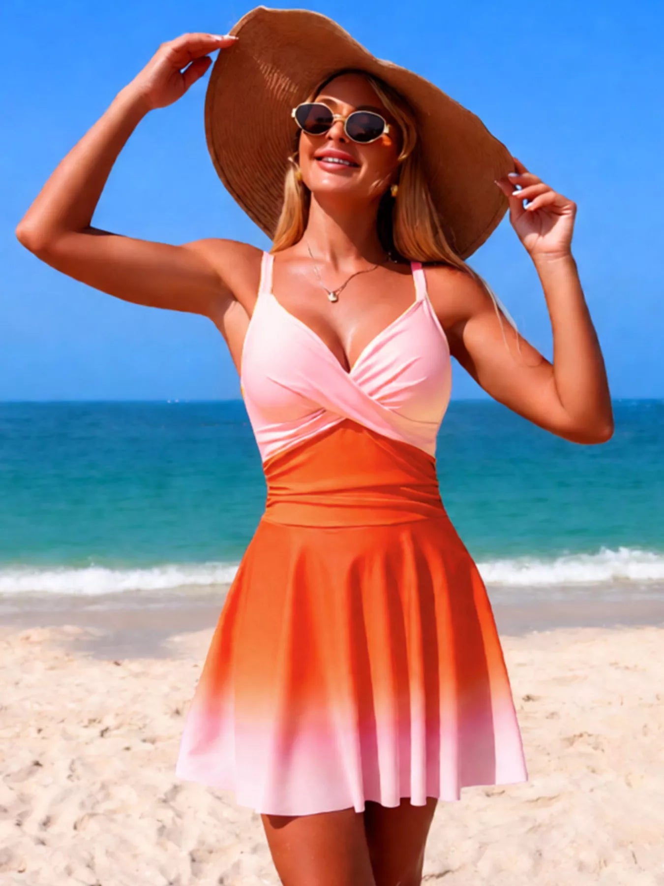 V-Neck Gradient One-Piece Swimsuit Orange / S