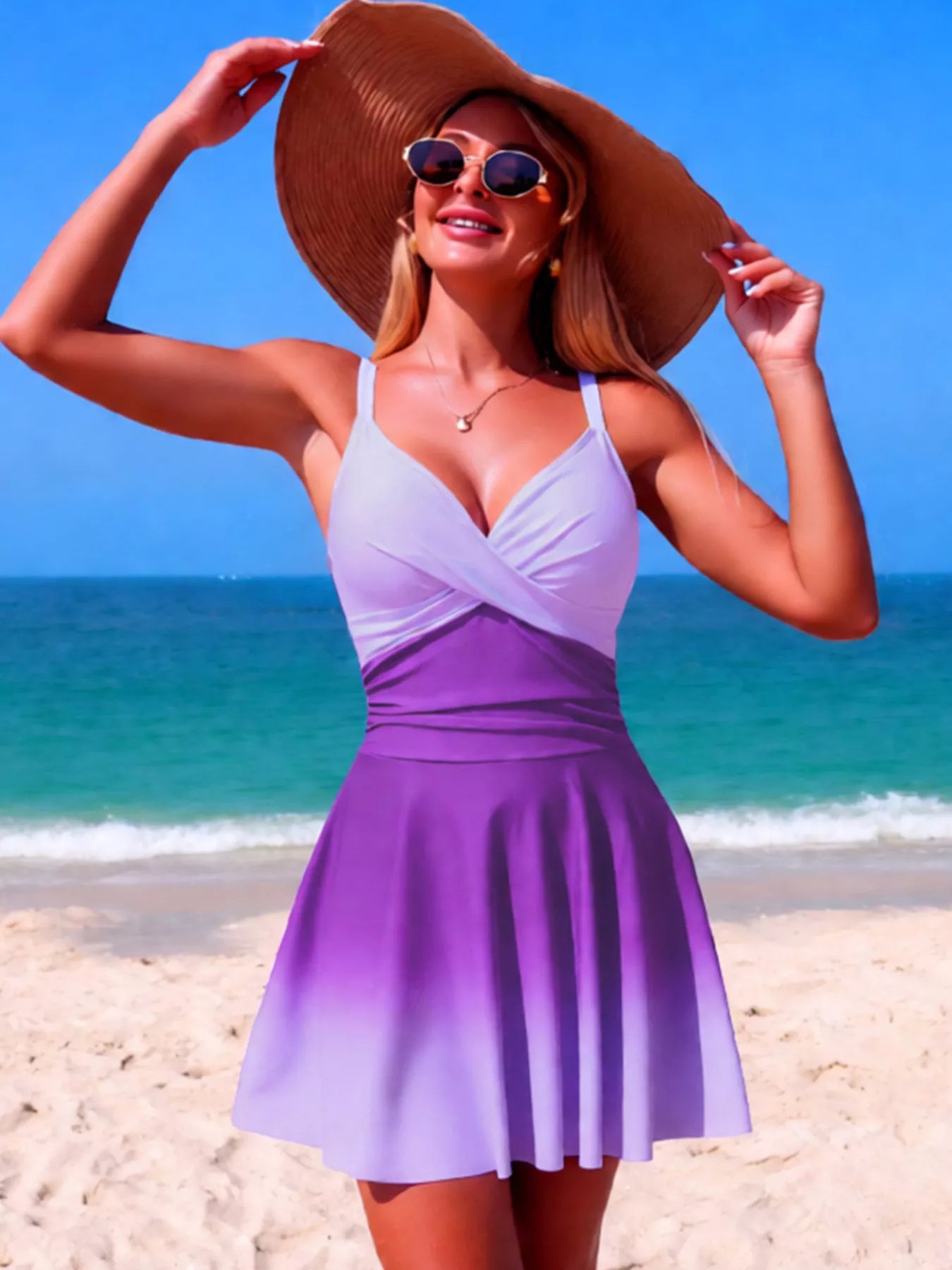 V-Neck Gradient One-Piece Swimsuit Red / S