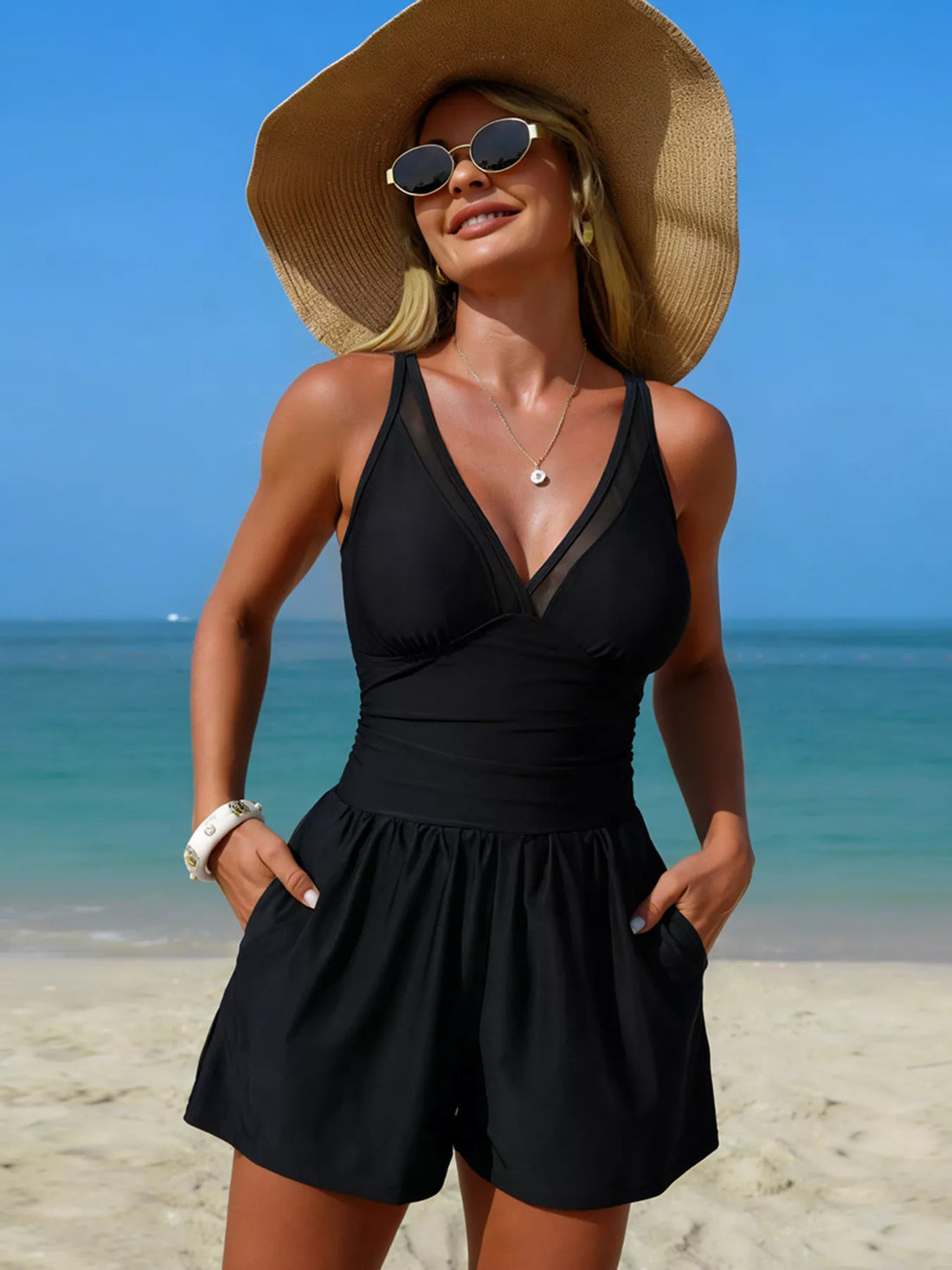 V-Neck One-Piece Swimsuit with Pockets Army Green / S