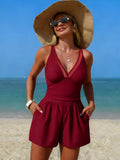 V-Neck One-Piece Swimsuit with Pockets Burgundy / S