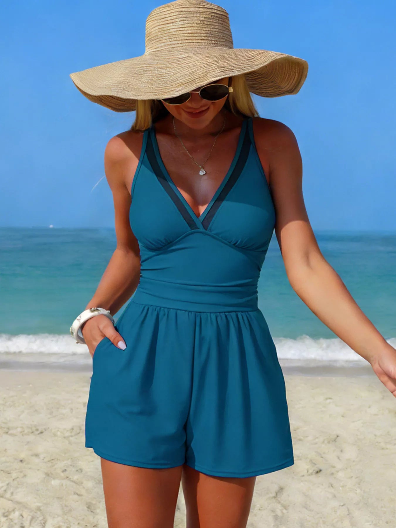 V-Neck One-Piece Swimsuit with Pockets Peacock Blue / S