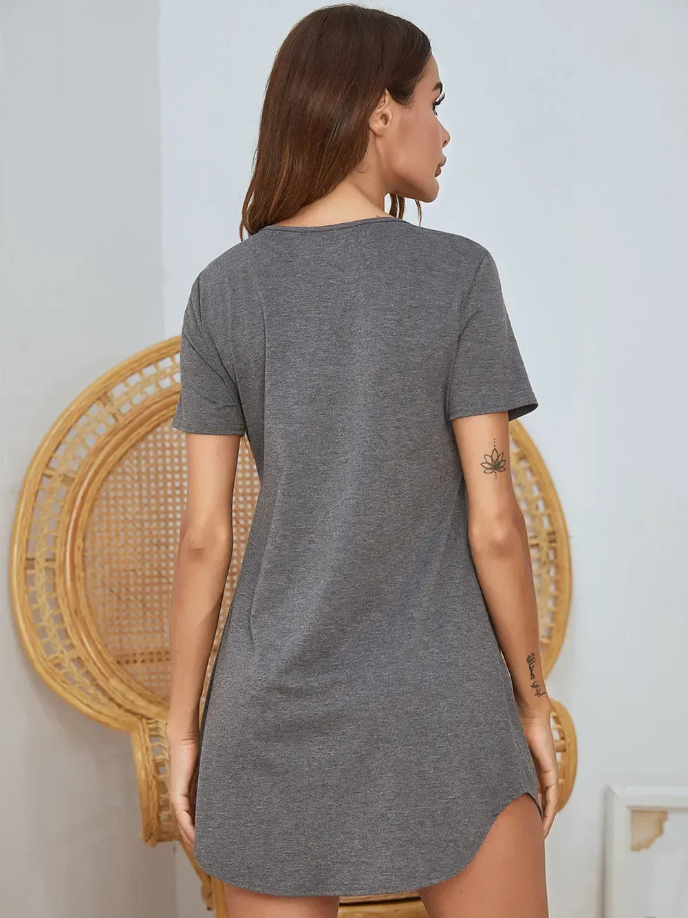 V-Neck Short Sleeve Lounge Dress for Women Dark Gray / S