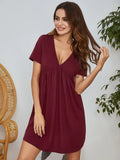 V-Neck Short Sleeve Lounge Dress for Women Burgundy / S