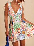 V-Neck Sleeveless Smocked Waist Printed Mini Dress