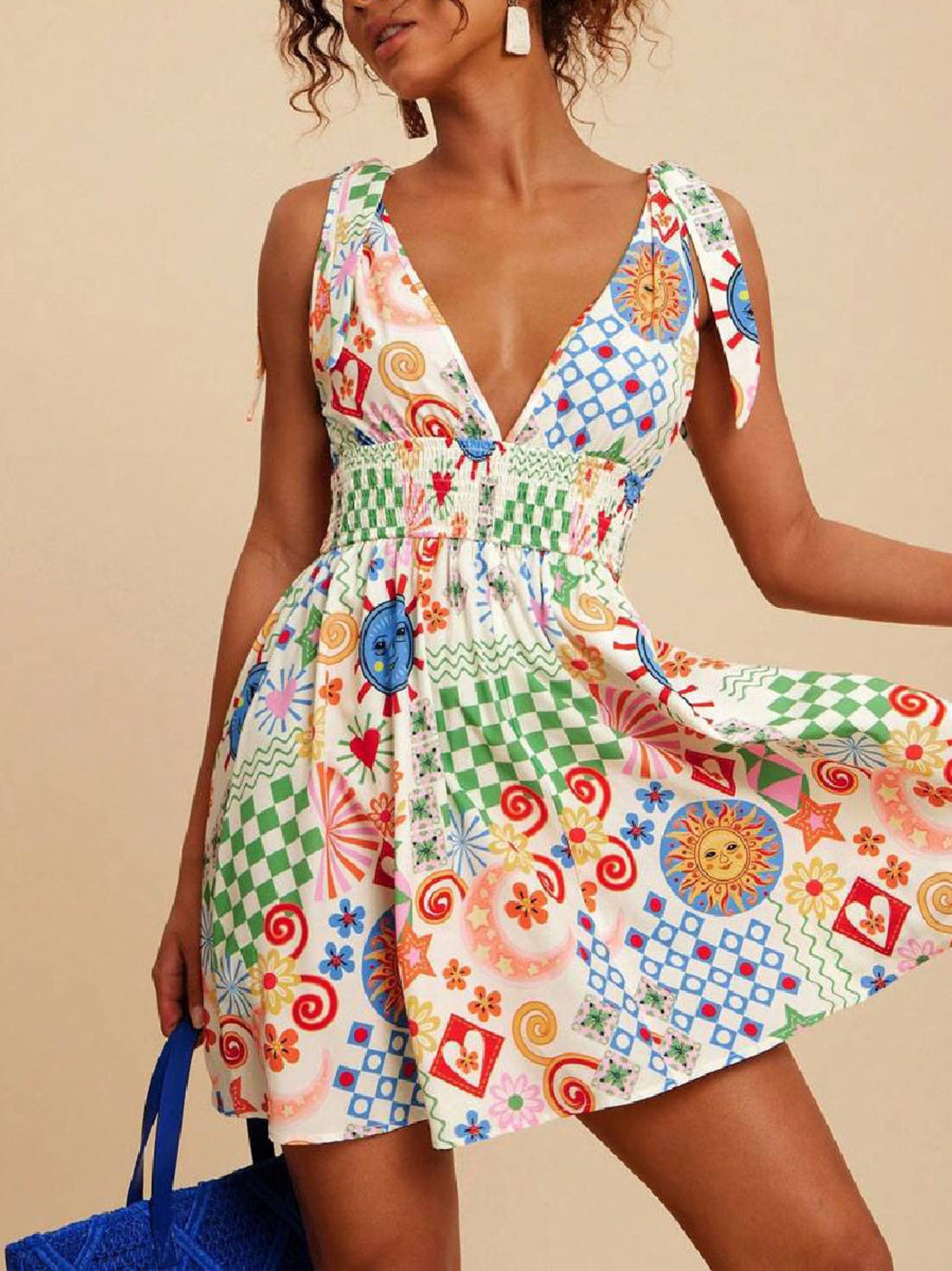 V-Neck Sleeveless Smocked Waist Printed Mini Dress Multicolor / S