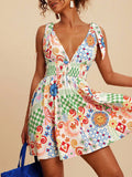 V-Neck Sleeveless Smocked Waist Printed Mini Dress Multicolor / S