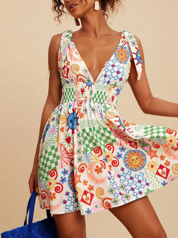 V-Neck Sleeveless Smocked Waist Printed Mini Dress Multicolor / S