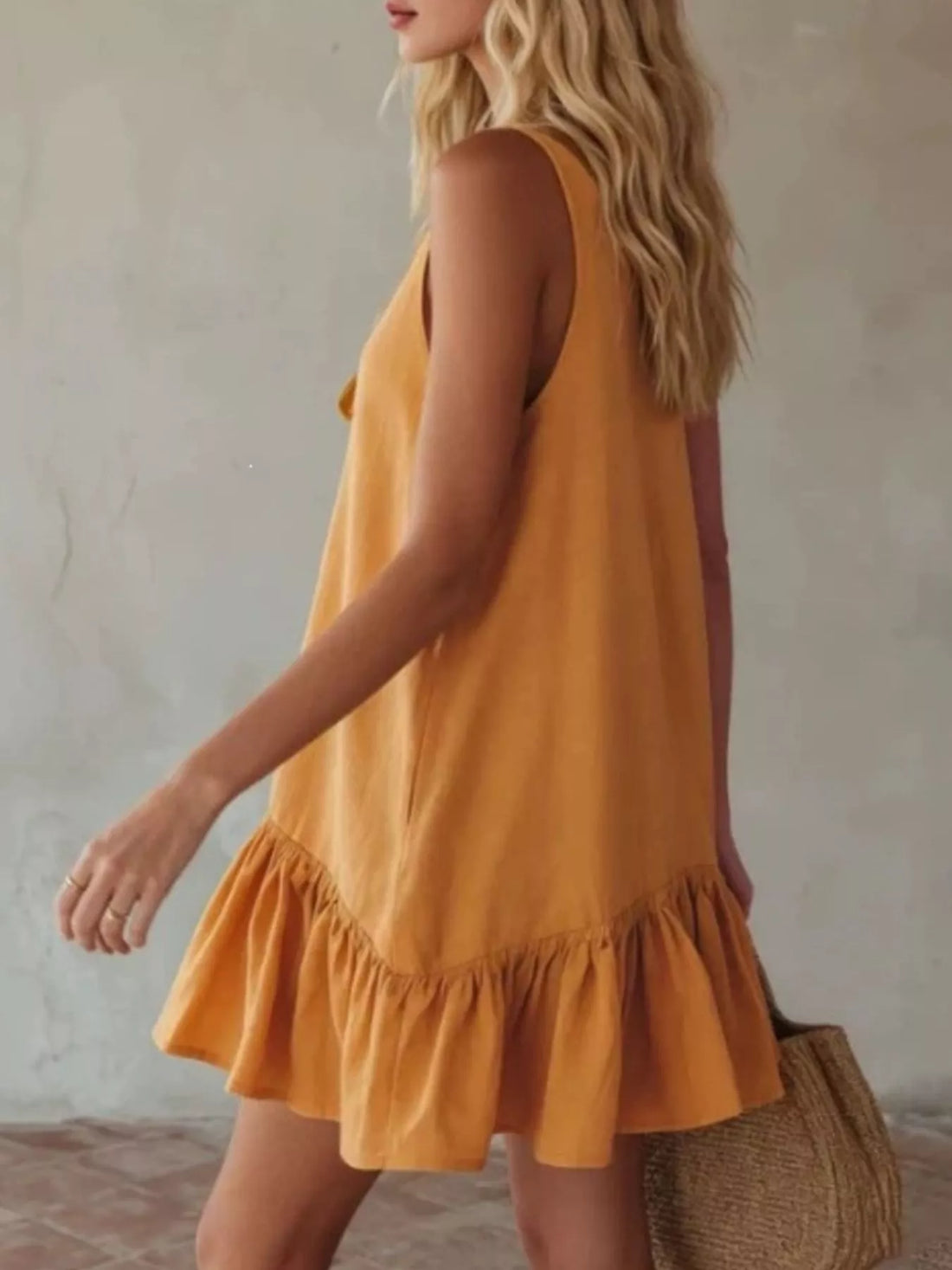 V-Neck Tie Front Ruffle Hem Mini Dress Turmeric / S