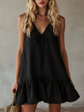V-Neck Tie Front Ruffle Hem Mini Dress Black / S