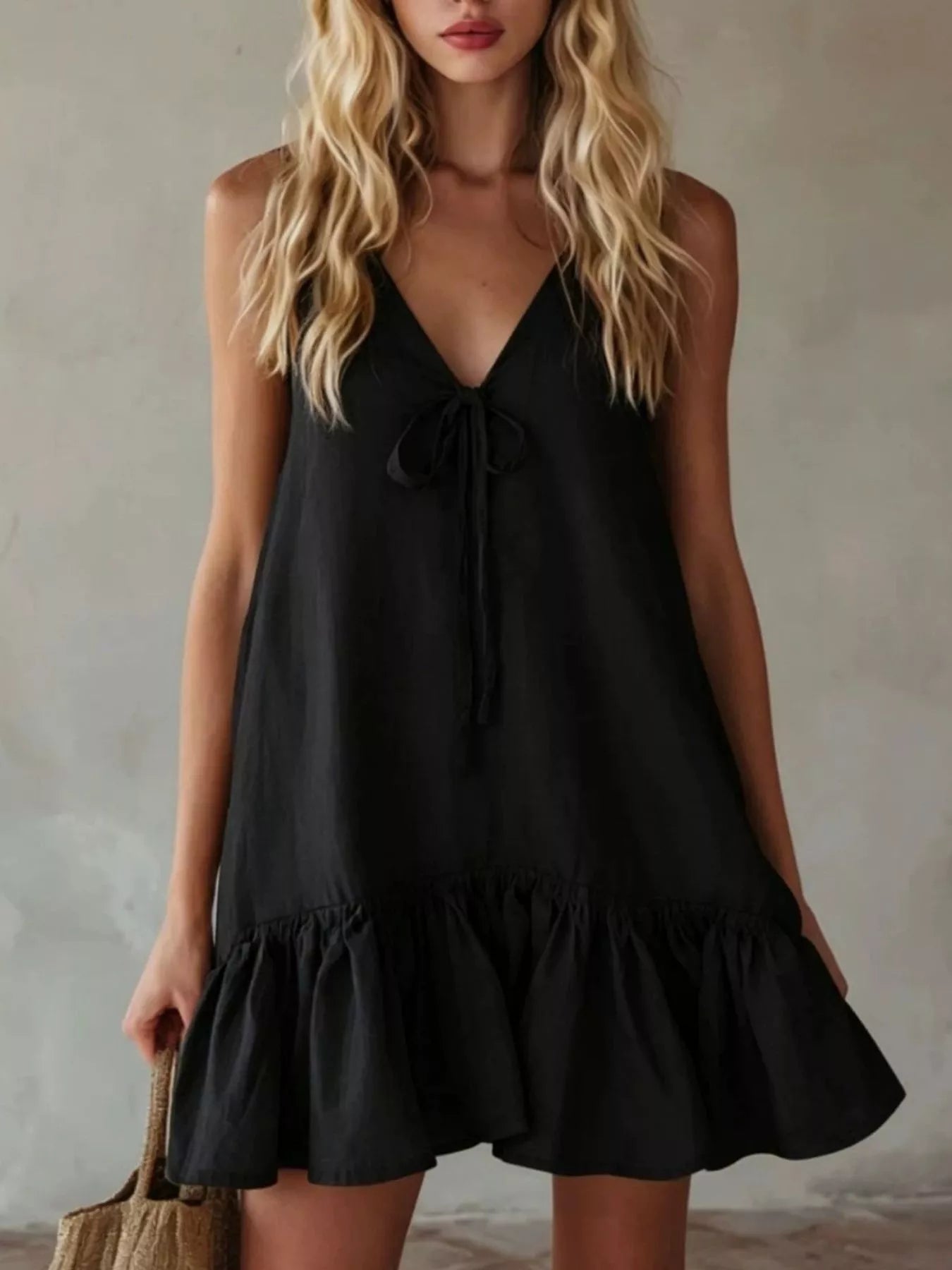 V-Neck Tie Front Ruffle Hem Mini Dress Black / S